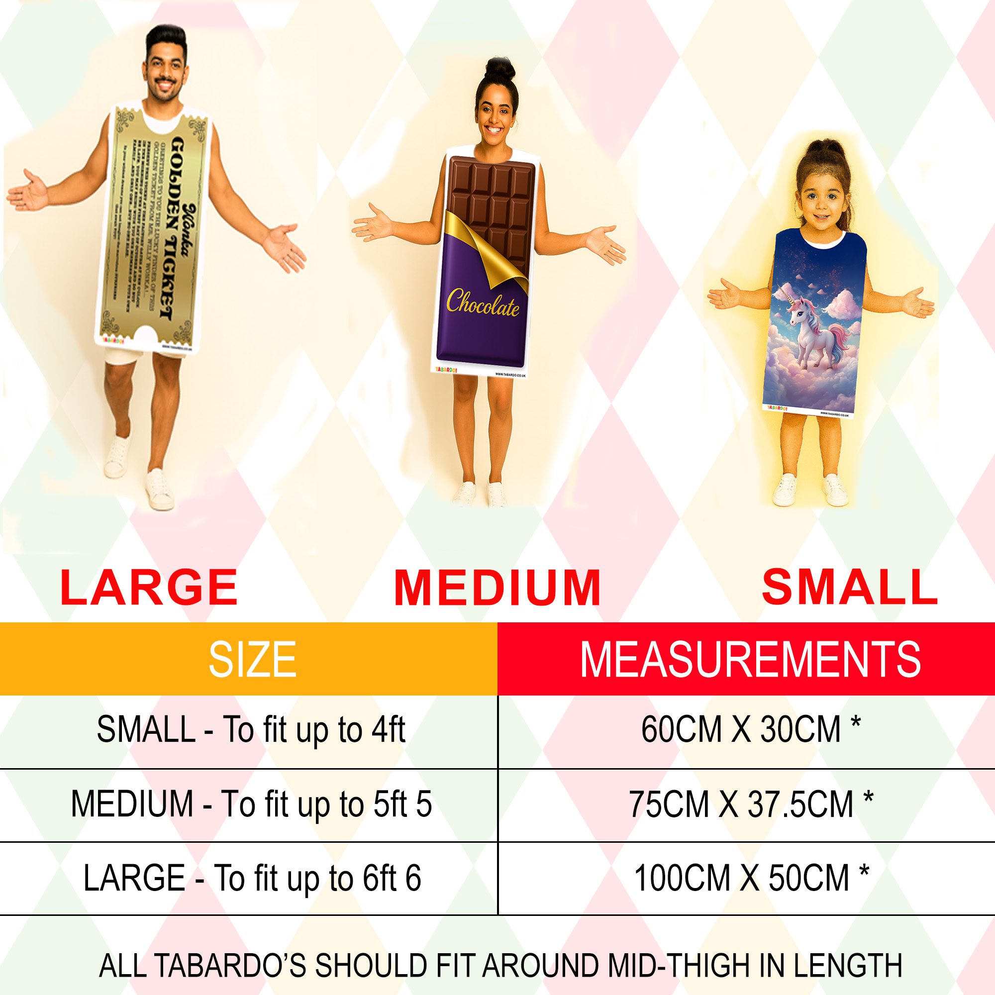 Image showing three people wearing tabard-style costumes in different sizes against a soft patterned background. On the left, an adult man models the large size, wearing a long tabard that reaches mid-thigh. In the centre, an adult woman models the medium size, slightly shorter but with a similar fit. On the right, a young child models the small size, scaled down to suit a shorter height. Below, a simple chart lists the sizes and measurements: Small: fits up to 4ft (60cm x 30cm) Medium: fits up to 5ft 5 (75cm x 37.5cm) Large: fits up to 6ft 6 (100cm x 50cm) All versions are designed to sit around mid-thigh when worn.