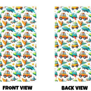 Front and back view of a lively, transport-themed pattern filled with cars and airplanes. The design shows a repeating pattern of small, cartoon-style vehicles scattered across a light background. There are bright, rounded cars in cheerful colours like red, orange, yellow, and green, each with a simple, friendly shape. Mixed in between the cars are small airplanes in soft blues, greens, and oranges. Some planes are angled as if flying upward or across the scene, giving the pattern a sense of movement and energy. Tiny stars and small decorative shapes are dotted around the vehicles, adding extra detail and making the design feel playful and busy without being overwhelming. The colours are vibrant but balanced, with warm tones from the cars and cooler tones from the planes creating a nice contrast. The pattern repeats evenly, so wherever you imagine looking, there’s a mix of cars and planes in different directions. Both the front and back show the same continuous design, creating the feeling of being surrounded by a fun, child-friendly world of travel and adventure.