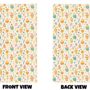 Front and back view of a soft, nature-inspired dessert pattern combining cupcakes with delicate plants and berries. The design features a gentle, repeating pattern set on a light, creamy background. Scattered across the surface are small, charming cupcakes with swirled icing in warm, muted tones like peach, soft orange, and pale green. Each cupcake has a simple, tidy shape with smooth frosting that looks lightly piped. Between the cupcakes are fine, delicate details inspired by nature—thin stems, small leaves, tiny flowers, and little berry-like shapes. These botanical elements are drawn in a light, airy style, giving the pattern a calm and balanced feel. The colours are soft and slightly earthy rather than bright—warm oranges, dusty greens, and gentle pinks—creating a cosy, relaxed atmosphere. The spacing is even, with plenty of breathing room between elements, so the design feels light rather than busy. The pattern repeats consistently across the surface, and both the front and back show the same design, giving a continuous, harmonious look—like a peaceful blend of a bakery theme and a subtle garden setting.