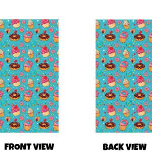 Front and back view of a bright, fun dessert-themed pattern set against a bold blue background. The design is filled with a repeating mix of sweet treats scattered across a vibrant turquoise-blue background, giving it a lively and energetic feel. You can imagine cupcakes with swirled icing, donuts with glossy toppings, and small candies dotted throughout the scene. The cupcakes are topped with soft, piped frosting in shades of pink, cream, and light pastels, some finished with cherries on top. The donuts come in different styles—chocolate-covered, pink-iced, and sprinkled—adding variety and texture to the pattern. Between the larger treats are tiny details like sweets, sprinkles, and small decorative shapes, which fill the space and make the design feel playful and busy without being overwhelming. The colour contrast is stronger than softer versions of this theme—the bright blue background makes the pinks, browns, creams, and pastel tones of the desserts stand out more vividly. The pattern repeats evenly across the surface, and both the front and back show the same continuous design, creating the feeling of being surrounded by a colourful, cheerful world of sugary treats.