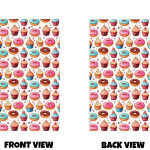 Front and back view of a cheerful, dessert-themed pattern filled with cupcakes and donuts. The design is covered in a repeating pattern of sweet treats arranged neatly across a light background. You can imagine rows of cupcakes with swirled icing sitting in colourful wrappers, alongside round donuts topped with glossy icing and sprinkles. The cupcakes have soft, fluffy tops with piped frosting in gentle swirls—some in creamy whites, others in pastel pinks and light blues. The donuts are decorated in bright icing colours like pink, chocolate brown, and sky blue, often sprinkled with tiny dots that add texture and fun. The overall colour palette is warm and inviting, with pinks, peaches, creams, and soft blues creating a playful, bakery-style feel. Small decorative details like tiny sprinkles and dots are scattered between the treats, filling the space without making it feel crowded. The pattern repeats evenly, so wherever you focus, there’s a balanced mix of cupcakes and donuts. Both the front and back show the same continuous design, giving the impression of being wrapped in a sweet, colourful world of baked treats.