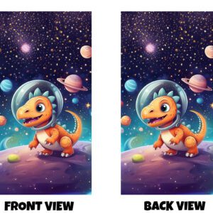 Front and back view of a fun, imaginative space-themed design featuring a friendly dinosaur exploring the stars. The design shows a cute, cartoon-style dinosaur standing on the surface of a small, rounded planet. The dinosaur is bright orange with a soft, rounded body, a big smiling mouth, and large, expressive eyes that give it a cheerful, friendly personality. Along its back are small, spiky plates in a contrasting colour, adding to its playful look. On its head, the dinosaur wears a clear, bubble-shaped space helmet, like an astronaut. The helmet has a smooth, glass-like feel and wraps around its head, suggesting it’s exploring outer space. The background is a deep, dark blue sky filled with countless tiny stars that sparkle like glitter. Scattered throughout are colourful planets—some striped, some with rings like Saturn—in soft shades of pink, blue, and peach. A gentle glow from distant stars and galaxies adds a magical, dreamy atmosphere. The ground beneath the dinosaur is a small, curved planet surface in purples and soft earth tones, with a few rounded rocks adding texture. The overall scene feels calm, whimsical, and full of wonder—like a child’s imagination brought to life. Both the front and back show the same image, creating a continuous, immersive space adventure from every side