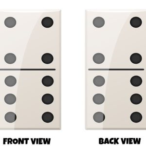 Front and back view of a clean, simple domino design with a smooth, modern look. The design shows a single domino tile standing upright on a light, neutral background. The tile is a soft off-white or cream colour with slightly rounded corners and a glossy surface that catches light, giving it a smooth, polished feel. Across the middle of the domino, there is a thin horizontal line dividing it into two halves. On each half are evenly spaced circular dots (also called pips), arranged in a familiar domino pattern. The dots are in two tones—some appear light grey, while others are darker, almost black—creating a subtle contrast without being too bold. The layout is symmetrical and tidy, with the dots positioned in neat rows that are easy to imagine by touch. The overall design feels minimal, calm, and structured. Both the front and back views show the same domino tile, keeping the design consistent and straightforward from either side.