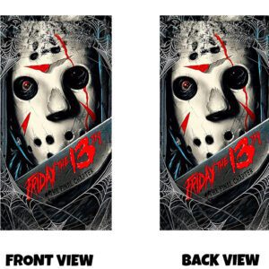 Front and back view of a bold, graphic horror-style design featuring a close-up of a cracked and weathered hockey mask with dark, hollow eye holes and sharp red markings that resemble scratches or blood streaks. The mask is surrounded by tangled spiderweb details, adding texture and a sense of decay. A large blade cuts across the lower part of the design, reflecting light and adding a metallic edge. The colour palette combines stark blacks, greys, and bright red accents, creating a gritty, intense, and ominous slasher-inspired aesthetic.
