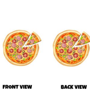This design shows a full, top-down cartoon pizza, presented identically on both the front and back. The pizza is perfectly round with a thick, golden crust forming a soft outer ring. The crust has light shading and small dimples, giving it a freshly baked look. Inside, the base is a vibrant orange-red sauce layer topped with melted cheese that blends into warm yellow tones. The toppings are evenly distributed and colourful: Circular pepperoni slices with small white specks Black olive rings scattered across the surface Bright red tomato slices adding contrast Thin onion rings layered over the top Small green herb leaves (like basil) for freshness a single slice has been cut and slightly pulled away from the rest of the pizza, creating a visible gap and adding a sense of action and realism to the otherwise flat illustration. The overall style is clean, bold, and playful—very much a cartoon or vector aesthetic rather than realistic. Since the front and back views are the same, it works well as an all-over design where the pizza looks identical from either side.
