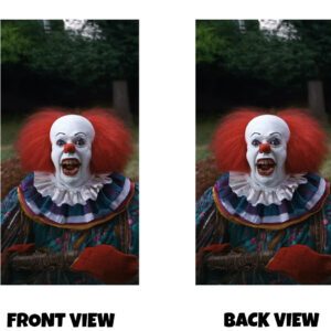Front and back view of a vivid, unsettling horror-style design featuring a popular clown with a stark white-painted face, exaggerated red lips, and bright red hair flaring out from both sides of the head. The clown wears a ruffled collar and colourful costume, contrasting with the intense, menacing expression and wide, toothy grin. Set against a slightly blurred outdoor background, the design combines bright colours with a sinister mood, creating a disturbing and iconic horror presence.