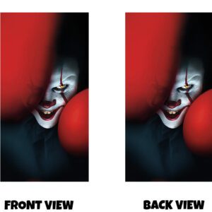 Front and back view of a dark, atmospheric horror-style design featuring a sinister clown face partially hidden behind large red balloons. Only one glowing eye and a sharp, unsettling grin are clearly visible through the shadows, creating a sense of mystery and menace. The deep blacks and vivid reds dominate the colour palette, with soft focus and dramatic lighting adding to the eerie, suspenseful mood, giving the design a chilling and cinematic presence.