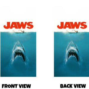 Front and back view of a classic ocean-themed horror design featuring a vast expanse of blue water with a lone swimmer at the surface, unaware of a massive shark rising from the depths below. The shark’s mouth is wide open, revealing rows of sharp teeth as it approaches from beneath. Bold red lettering sits above the scene, contrasting sharply with the calm blue tones of the water. The composition creates a strong sense of tension and scale, with the peaceful surface hiding the danger below, giving the design an iconic and suspenseful cinematic feel.