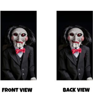 Front and back view of a dark, horror-inspired design featuring a puppet-like figure wearing a pale mask with red spiral cheek markings, piercing red eyes, and a fixed unsettling expression. The figure is dressed in a formal black suit with a crisp white shirt and a bright red bow tie, standing out against a deep black background. The clean, high-contrast lighting and minimal setting create a sinister, controlled atmosphere, giving the design a sharp, iconic, and eerie presence.