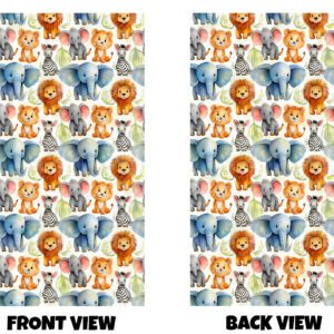 Front and back view of a soft, playful jungle-themed pattern filled with friendly baby animals. The design features a repeating pattern of cute, cartoon-style jungle animals arranged neatly across a light background. You can find smiling lions with fluffy orange manes, gentle blue elephants with big, rounded ears, small striped zebras, and tiny grey elephants scattered throughout. Each animal has a soft, rounded look with big expressive eyes and warm, friendly faces, giving the whole design a calm and cheerful feel. The colours are gentle and slightly pastel—soft blues, warm oranges, light greys, and creamy whites—making it soothing rather than overwhelming. Between the animals are subtle leafy accents in pale green, adding a light jungle atmosphere without making the pattern feel busy. The layout repeats evenly, so wherever you look, you’ll find a balanced mix of the different animals. Both the front and back display the same continuous pattern, creating the feeling of being surrounded by a peaceful, child-friendly jungle scene full of cute and approachable animals.