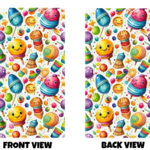 Front and back view of a bright, playful candy-themed design filled with colourful sweets and cheerful characters. The design is covered in a lively pattern of sweets scattered across a light background. There are lollipops of all shapes and sizes—round, swirled, and striped—along with ice cream cones, wrapped candies, and small sugary treats. Many of the lollipops have friendly, smiling faces, giving the design a fun, cartoon-like personality. The colours are bold and vibrant, including bright yellows, pinks, blues, greens, and purples. Some sweets have glossy highlights, making them look shiny and almost real, while others have soft pastel tones that add to the playful, childlike feel. The arrangement is busy but balanced, with treats placed at different angles to create a sense of movement and excitement. Both the front and back show the same repeating pattern, making it feel continuous and energetic from every side—like being surrounded by a cheerful, candy-filled world.