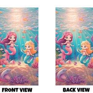 Front and back view of a soft, magical underwater scene featuring two friendly mermaids in a colourful ocean setting. The design shows two young mermaids floating underwater, facing each other with gentle, happy expressions. One has long pink hair and a matching pink tail, while the other has flowing blonde hair with a turquoise-green tail. Both have delicate features and a sweet, childlike appearance, with small seashell-style tops and simple accessories in their hair. They are surrounded by a lively underwater world filled with coral in shades of pink, purple, and orange, along with small fish swimming around them. The seabed below is softly detailed with rocks and plants, while beams of sunlight shine down from the water’s surface above, creating a warm, glowing effect. The colours are soft and dreamy, blending pastel tones with gentle highlights that give the whole scene a calm, magical feel. Both the front and back display the same full illustration, creating a consistent, storybook-style design that feels peaceful, whimsical, and enchanting.