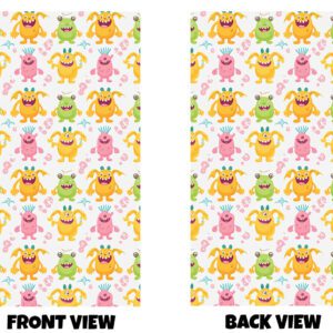 Front and back view of a fun, cartoon-style repeating pattern filled with colourful, friendly little monsters. The design features rows of cheerful, rounded creatures in bright colours like yellow, pink, green, and orange. Each monster has its own quirky look—some have small horns, others have fluffy spikes, wings, or tiny ears. Their faces are playful and expressive, with big smiles, wide eyes, and goofy teeth, giving them a friendly, non-scary appearance. The monsters are spaced evenly across a light background, with small decorative details like bubbles, dots, and tiny shapes scattered in between to add movement and interest. The style is clean and bold, with simple outlines and bright, solid colours that make each character stand out. Both the front and back use the same repeating pattern, creating a consistent, lively, and child-friendly design that feels energetic, silly, and full of personality.