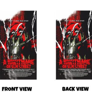 Front and back view of a bold, graphic horror-style design featuring a distressed, high-contrast illustration of a terrified face partially obscured by a bladed glove with long, sharp metal claws. The colour palette is dominated by intense reds, deep blacks, and stark whites, creating a gritty, poster-like effect. Rough textures, splatter-style details, and torn visual elements add to the chaotic, nightmarish feel, giving the design a striking and iconic slasher-film aesthetic.