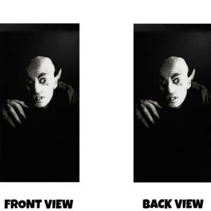 Front and back view of a classic black-and-white horror-style design featuring a pale, eerie vampire figure with sharp, pointed ears, wide staring eyes, and long claw-like fingers emerging from deep shadow. The high-contrast monochrome tones and grainy, vintage film look create a haunting, gothic atmosphere inspired by early cinema, giving the design a timeless and unsettling presence.