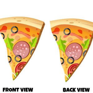 This design features a fun, cartoon-style slice of pizza shown from both the front and back—both sides displaying the same vibrant artwork. The slice has a classic triangular shape with a thick, golden crust at the top. The crust is lightly textured with small bubbles and shading, giving it a soft, baked look. The cheese layer is a rich yellow-orange, slightly glossy to suggest melted cheese. Scattered across the surface are colourful toppings: • Round slices of pepperoni with small white fat specks • Black olive rings placed evenly across the slice • Bright red tomato slices near the bottom • Small green herb leaves (like basil or parsley) adding contrast • A few streaks and patches of sauce peeking through the cheese The edges of the slice are outlined cleanly, with subtle shading that gives it a slightly dimensional, illustrated feel without being realistic. Both the front and back views are identical, making it a consistent, all-over design—perfect for something like a costume, print, or novelty item where the same playful pizza look is visible from every angle. Overall, it’s bold, colourful, and instantly recognisable—leaning into a lighthearted, cartoon aesthetic rather than realism.