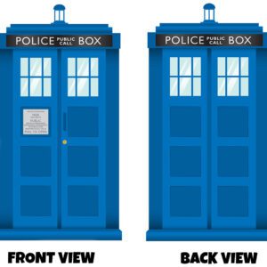 This design is a clean, stylised illustration of a classic blue police call box, shown from both the front and back. Front View: The front features the iconic double doors with window panels at the top—each divided into smaller panes with light reflections for a glass effect. Above the doors is the signature black sign with white text reading “POLICE PUBLIC CALL BOX.” On the left door, there’s a small rectangular notice panel with fine text (representing the traditional “Police Telephone – Free for Use of Public” sign), along with a vertical handle and a small round knob. The rest of the doors are made up of recessed rectangular panels, giving the structure its recognisable, boxy detail. Back View: The back mirrors the same structure—panelled doors and top windows—but without the handle or notice panel. It keeps the same clean symmetry and maintains the iconic look from all angles. Overall Style: Bold, flat vector illustration Deep blue colour with subtle gradients for depth Crisp lines and geometric shapes Minimal but recognisable detailing The design is instantly recognisable and works perfectly as a front-and-back costume or print, creating the illusion of wearing the full police box from both sides.