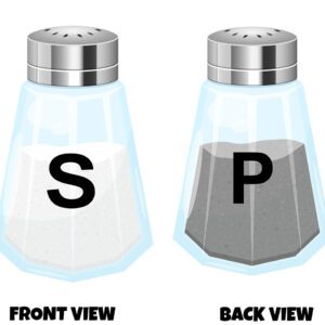 This design features a classic salt-and-pepper set, split across the front and back for a fun, paired look. Front View (Salt): A clear, slightly blue-tinted glass shaker filled with white salt. The granules are subtly textured, giving a realistic look inside the container. On the front is a bold, black capital “S”, making it instantly recognisable. The shaker has a shiny, metallic silver lid with evenly spaced holes on top. Back View (Pepper): A matching shaker, identical in shape and style, but filled with dark grey/black pepper granules. It features a bold, black capital “P” on the front. The same reflective silver lid sits on top, keeping the pair visually consistent. Overall Style: Clean, vector-style illustration Slight transparency in the glass for a realistic effect Soft shading and highlights for depth Simple, bold lettering for clarity Together, the front and back complement each other perfectly—creating a cohesive “salt & pepper” duo design that works especially well for costumes or themed prints where each side represents part of a pair.
