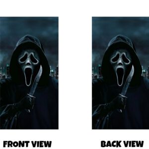 Front and back view of a dark, cinematic horror-style design featuring a hooded figure wearing a ghostly white mask with an elongated, screaming expression. The figure grips a large knife, held close to the chest, with a dimly lit city skyline visible in the background. The overall colour palette is cold and moody, with deep shadows and blue-grey tones, creating a tense and chilling atmosphere reminiscent of classic slasher films.