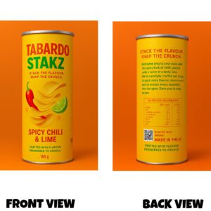 This design features a bold, modern crisp can concept branded “TABARDO STAKZ”, shown from both the front and back. Front View The front is bright and eye-catching with a strong orange-to-yellow gradient background. The brand name “TABARDO STAKZ” sits prominently at the top in large, bold lettering (red and green for contrast). Below it, the slogan reads: “STACK THE FLAVOUR. SNAP THE CRUNCH.” The centre showcases a stack of curved crisps, floating slightly to give a dynamic, appetising feel. Beside the crisps are a red chilli and a lime wedge, clearly indicating the flavour. The flavour name “SPICY CHILLI & LIME” is written in bold near the bottom. Supporting text: “CRAFTED WITH FLAVOUR. ENGINEERED TO CRUNCH.” Weight is listed at 165g. Overall, the front is vibrant, clean, and very product focused. Back View The back keeps the same colour scheme and clean layout but focuses on product details. The slogan is repeated at the top: “STACK THE FLAVOUR. SNAP THE CRUNCH.” A short description explains the flavour profile—highlighting chilli heat and zesty lime. A nutrition information panel is included with standard values. A QR code appears for additional details. “MADE IN THE UK” is clearly stated. The same tagline appears again at the bottom: “CRAFTED WITH FLAVOUR. ENGINEERED TO CRUNCH.” Bright, high-contrast packaging design Clean, modern typography Balanced layout with strong branding Food illustration that feels dynamic and appetising This works well as a product-style costume or print, giving the impression of wearing a full crisp can from both sides.