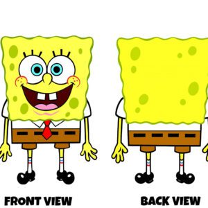 Front and back view of a bright, cartoon-style sponge character design with a playful, exaggerated expression. On the front, the character has a large, square yellow body with rounded edges and small greenish spots scattered across it, giving a porous sponge-like texture. The face is cheerful and expressive, with big round eyes, a wide-open smile showing two prominent front teeth, and rosy cheeks. The character wears simple clothing: a white shirt, a red tie, brown shorts, long thin legs with striped socks, and shiny black shoes. The arms are thin and outstretched slightly, adding to the friendly, energetic pose. On the back, the design shows the plain rear of the sponge body—still bright yellow with scattered spots—but without any facial features. The same clothing and limbs continue around, keeping the look consistent. Overall, the design is bold, colourful, and instantly playful, with a clean cartoon style that feels fun and light-hearted.