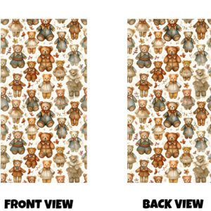 Front and back view of a warm, vintage-inspired repeating pattern featuring classic teddy bears in a soft, storybook style. The design is filled with rows of beautifully illustrated teddy bears in gentle shades of brown, cream, and soft beige. Each bear is dressed in delicate, old-fashioned clothing—little dresses, coats, and bow ties—in muted tones like dusty blue, warm rust, and soft ivory. Some bears appear slightly textured, giving them a plush, well-loved look. Scattered between the bears are small decorative details such as leaves, tiny flowers, and subtle nature-inspired accents, adding to the cosy, autumnal feel. The background is light and neutral, allowing the warm colours of the bears to stand out without feeling overwhelming. The artwork has a soft, hand-painted appearance, with fine shading and gentle outlines that give it a nostalgic, comforting charm. Both the front and back share the same repeating pattern, creating a consistent, calm, and timeless design that feels cosy and classic.