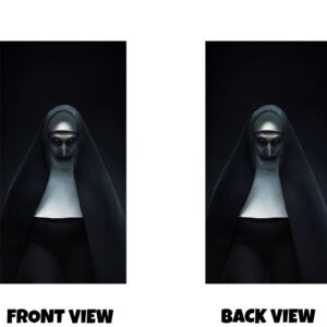 Front and back view of a dark horror-inspired design featuring a sinister nun with a pale face, piercing eyes, and a black veil framing the figure on the front, with the back continuing the shadowy cloaked appearance, set against a deep black background for a chilling and dramatic effect.