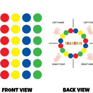 Front and back view of a bold, game-inspired design based on a classic Twister-style layout. On the front, there is a neat grid of large, evenly spaced coloured circles arranged in vertical rows. The colours repeat in a simple pattern—bright red, yellow, blue, and green—creating a clean, high-contrast look that is easy to recognise and playful in feel. The circles are solid, flat colours against a plain light background, giving it a clear and uncluttered appearance. On the back, the design becomes more interactive and instructional. A circular arrangement of the same coloured dots forms a ring around the centre, where the word “TABARDO!” appears in fun, colourful lettering. Around this circle are simple labels and icons indicating body placement: “Left Hand,” “Right Hand,” “Left Foot,” and “Right Foot,” each paired with small illustrations of hands and feet. Thin lines divide the space into sections, making it easy to understand positioning. Overall, the design is bright, playful, and game-like, with a simple visual style that feels energetic, interactive, and easy to follow.