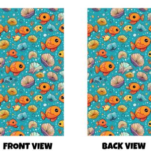 Front and back view of a bright, playful underwater-themed pattern filled with cartoon-style sea life. The design features cheerful, round orange fish with large expressive eyes, swimming among a variety of colourful seashells in soft pastel shades of cream, pink, purple, and blue. The background is a vibrant turquoise blue, dotted with small bubbles and tiny decorative details that give a sense of movement and water. The fish and shells are evenly spaced in a repeating pattern, creating a lively, fun, and child-friendly ocean scene. The overall look is bold, colourful, and whimsical, with a clean illustrated style that feels both modern and playful.