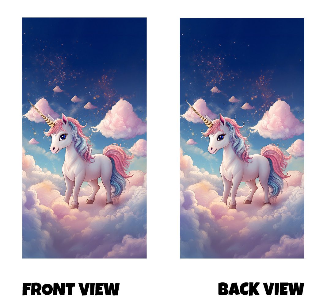 Front and back view of a dreamy, fantasy-inspired design featuring a gentle white unicorn standing on soft, fluffy clouds. The unicorn has a long golden horn and a flowing mane and tail in pastel shades of pink, purple, and blue. It is set against a magical sky that fades from warm sunset tones near the horizon into a deep, star-speckled night sky above. Light, cotton-candy clouds float around, with tiny sparkles scattered across the scene, giving it a calm, whimsical, and enchanting feel. The overall colour palette is soft and soothing, with glowing highlights that make the unicorn appear almost magical and serene.