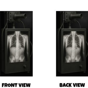 Front and back view of a dark, industrial-style design featuring a vintage X-ray machine displaying a human skeleton torso, with visible ribs, spine, and pelvis glowing in monochrome tones. The design has a moody, mechanical feel with metallic details and a realistic medical aesthetic, creating a striking and slightly eerie visual effect.