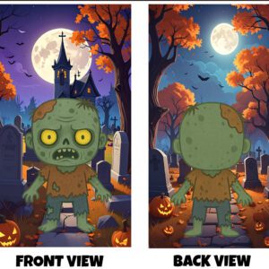 Front and back view of a fun spooky design featuring a cute cartoon zombie with big glowing eyes and a slightly scruffy look, set in a moonlit graveyard with pumpkins, bats, and autumn trees for a playful Halloween-themed scene.
