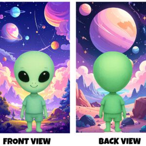 Front and back view of a colourful design featuring a cute cartoon-style alien with large eyes, set in a vibrant cosmic landscape with planets, stars, and a dreamy sky.