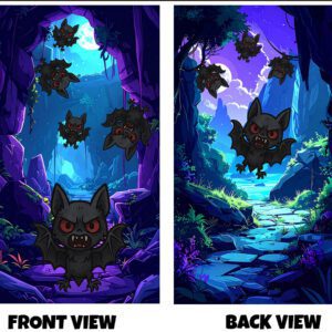 Front and back view of a vibrant design featuring cute cartoon-style bats with glowing eyes flying in a mystical cave setting with moonlight and lush scenery.