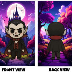 Front and back view of a cute cartoon-style Dracula character with fangs and a cape, set in a colourful night scene with a castle, trees, and a full moon.