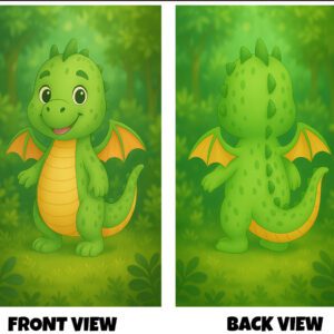 Front and back view of a cute cartoon-style green dragon with small wings and a friendly expression, set in a soft forest background.