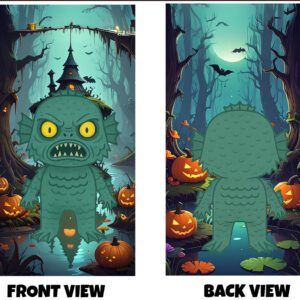 Front and back view of a cute cartoon-style fish-like monster with glowing eyes and fins, set in a spooky swamp scene with pumpkins, bats, and a haunted house in the background.
