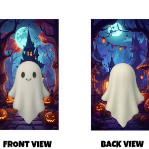 Front and back view of a cute cartoon-style ghost with a smiling face, set in a colourful Halloween village scene with pumpkins, lanterns, and a full moon.