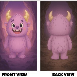 Front and back view of a cute cartoon-style purple monster with small horns, standing in a cave setting with soft glowing light.