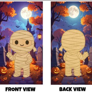Front & Back image of a cute cartoon-style mummy in a Halloween graveyard scene with pumpkins, a full moon, and a spooky house in the background.