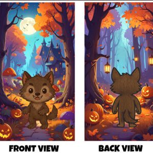 Front and back view of a colourful design featuring a cute cartoon-style werewolf in a magical autumn forest with glowing pumpkins, lanterns, and a cosy house under a full moon.