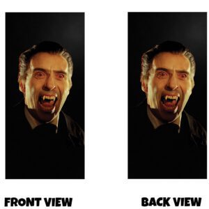 Front and back view of a dark design featuring a dramatic vampire face with glowing eyes and bared fangs, set against a black background.