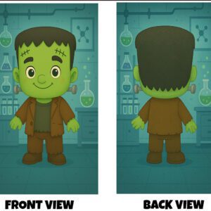 Front and back view of a cute cartoon-style Frankenstein character with green skin and bolts in his neck, set in a laboratory scene with scientific equipment.