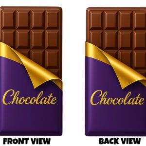 Front and back view of a design featuring a large chocolate bar partially wrapped in purple and gold packaging with the word “Chocolate” on the wrapper.