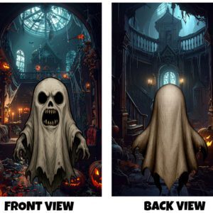 Front and back view of a spooky design featuring a ghost with hollow eyes and an open mouth, set inside a haunted house scene with pumpkins, candles, and eerie lighting.