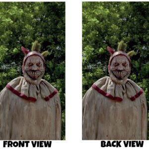 Front & Back images of a creepy clown called Twisty, graphic with a distorted grin,