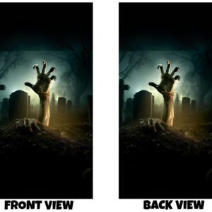 Front & Back image of a vivid zombie hand rising from a graveyard graphic