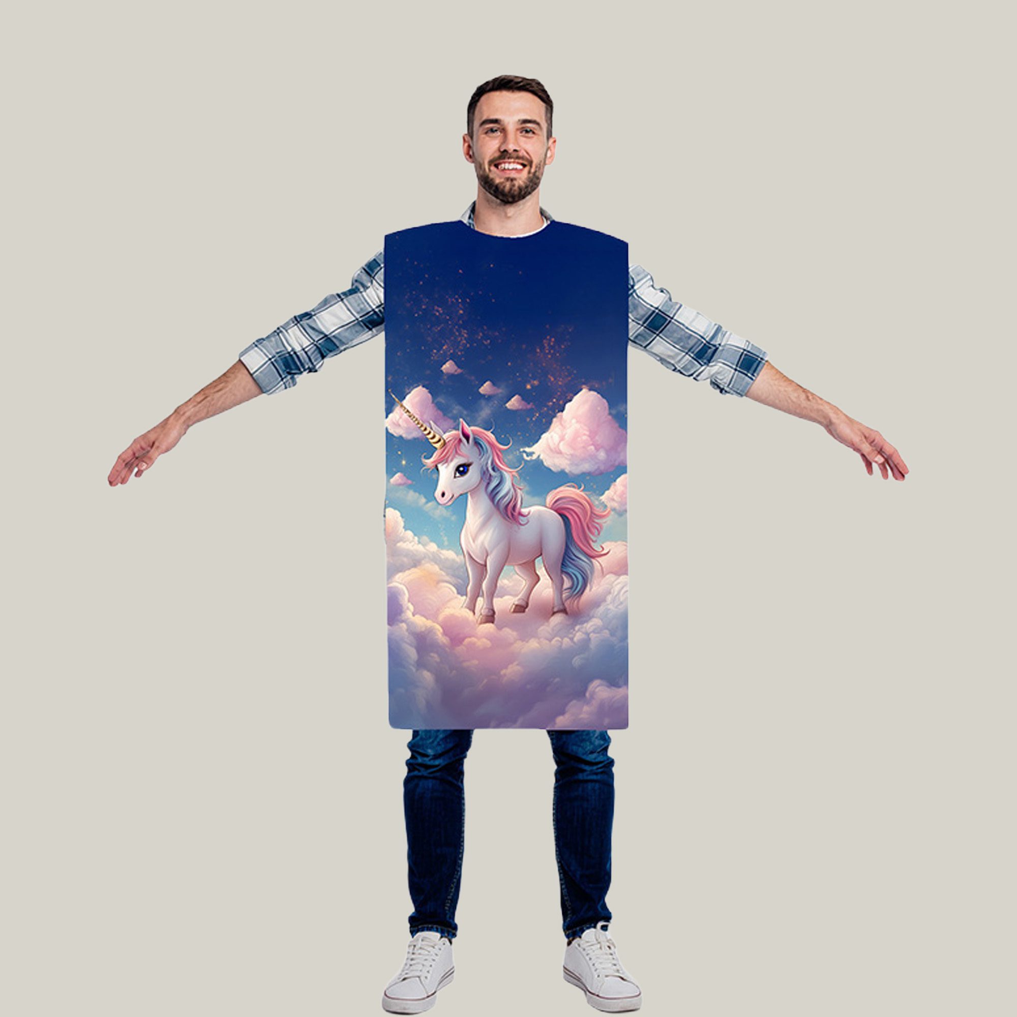A man in jeans, sneakers, and a plaid shirt wears a tabard featuring a dreamy, fantasy-inspired design featuring a gentle white unicorn standing on soft, fluffy clouds. The unicorn has a long golden horn and a flowing mane and tail in pastel shades of pink, purple, and blue. It is set against a magical sky that fades from warm sunset tones near the horizon into a deep, star-speckled night sky above. Light, cotton-candy clouds float around, with tiny sparkles scattered across the scene, giving it a calm, whimsical, and enchanting feel. The overall colour palette is soft and soothing, with glowing highlights that make the unicorn appear almost magical and serene.